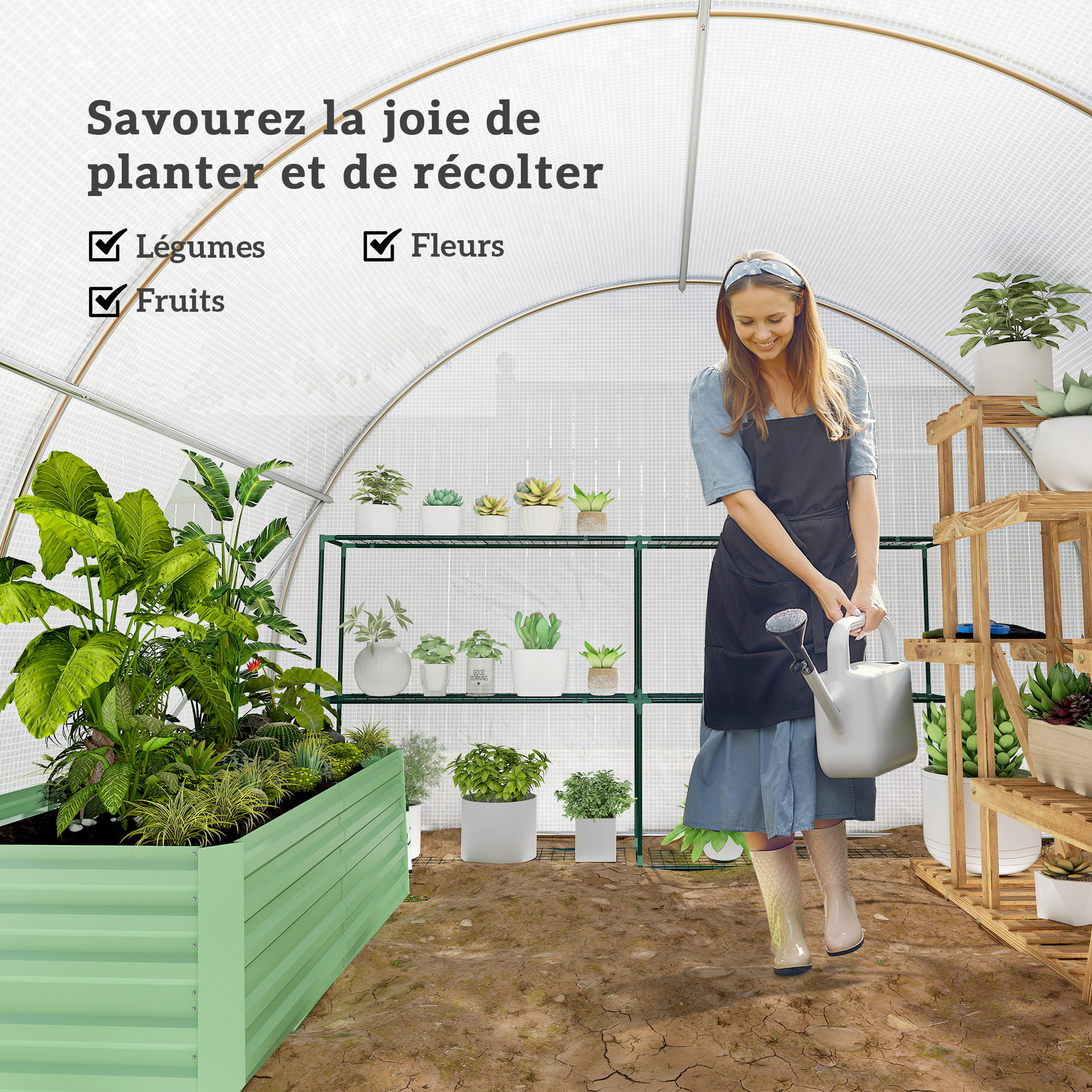 Serre tunnel 13,5 m² dim. 4,5 x 3 x 2 m - 6 fenêtres, porte zippée enroulable - acier galvanisé PE haute densité blanc