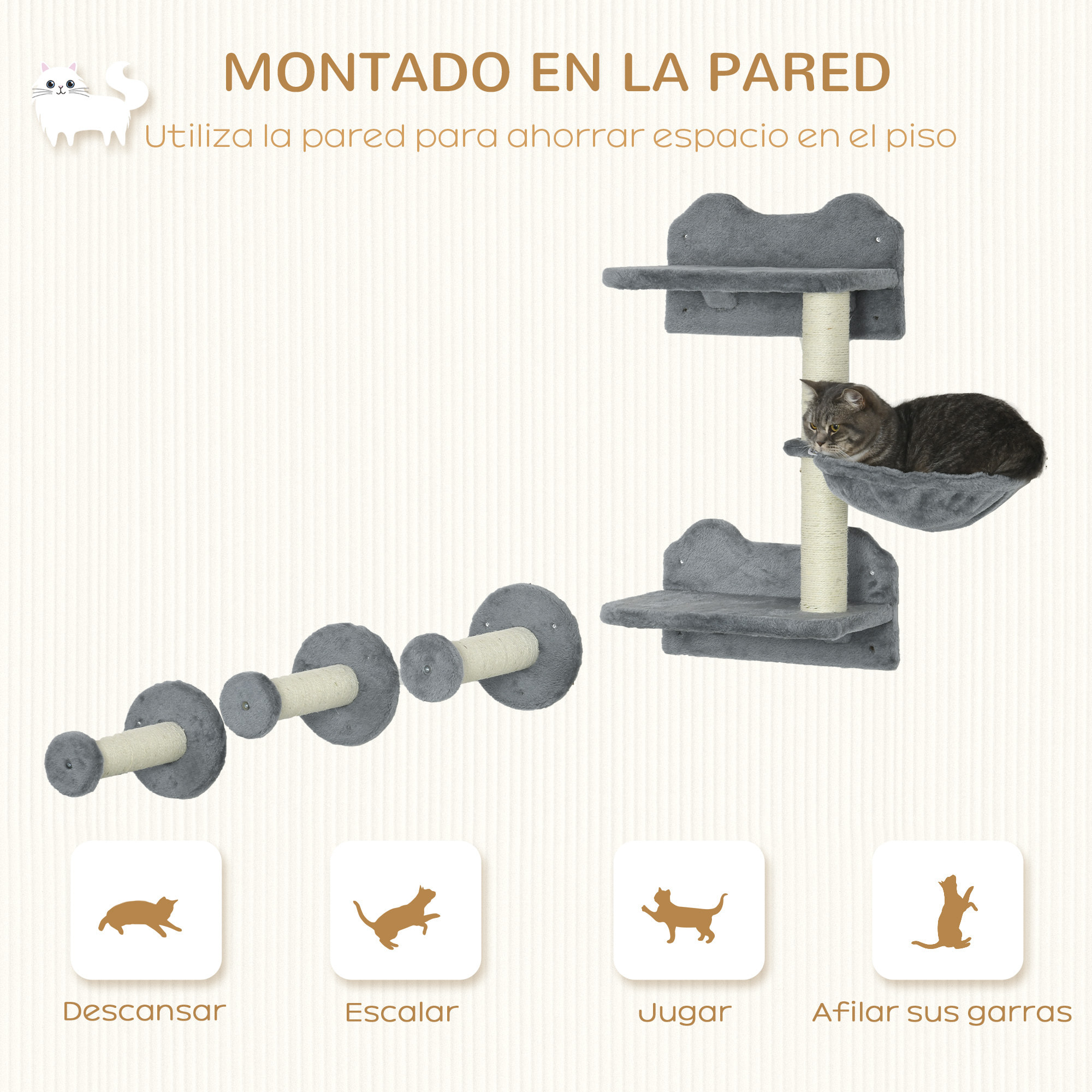 Juego de Estanterías para Gatos de 4 Piezas Rascador de Pared para Gatos con 3 Postes de Sisal Hamaca y 1 Plataforma para Saltar de 3 Niveles Gris