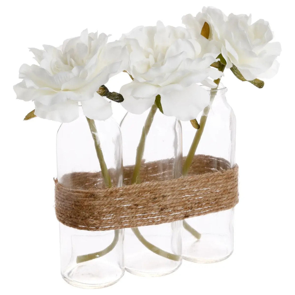 Composition 3 roses artificielles vase verre H24,5cm