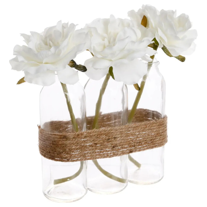 Composition 3 roses artificielles vase verre H24,5cm