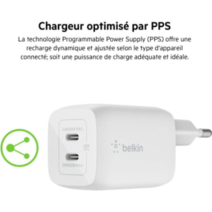 Chargeur BELKIN USB C x2 65W GaN PPS Blanc