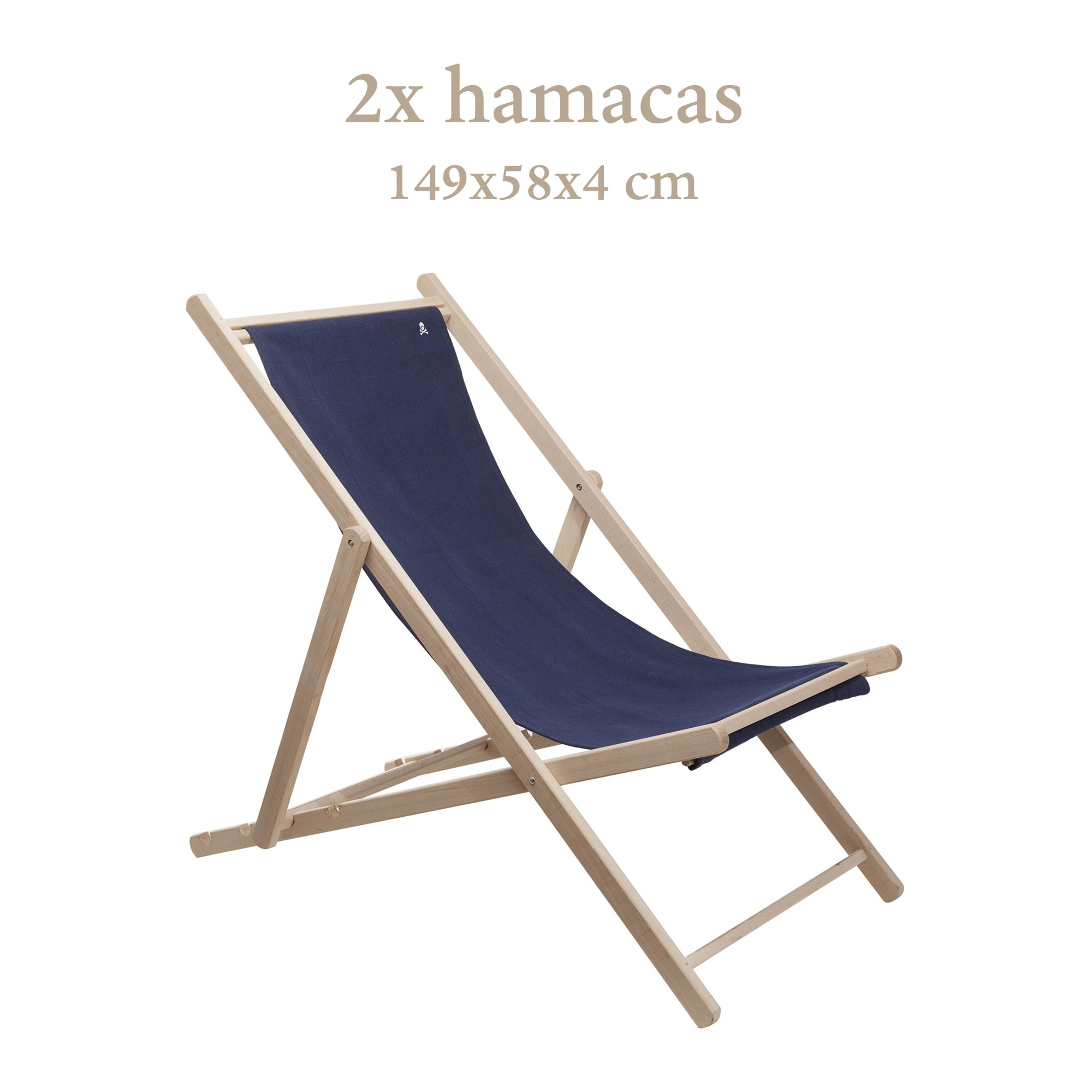 Set de 2 hamacas de madera de haya plegable sin brazos color estructura sin barniz y lona color azul oscuro