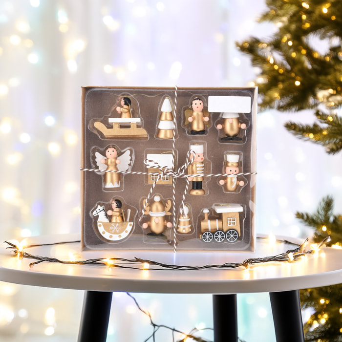 juego de 12 piezas de decoración colgante de madera para navidad en color dorado y blanco