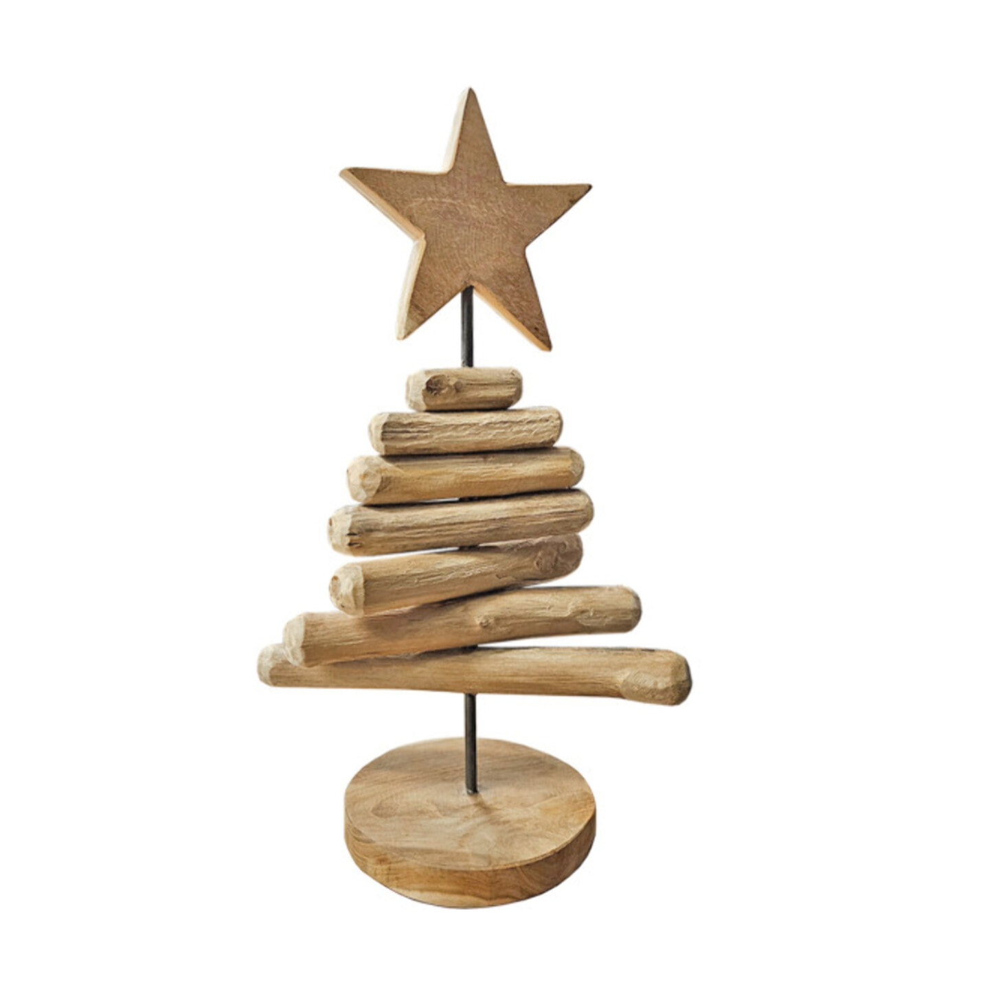 Sculpture petit sapin H. 35 cm en bois de teck brut et métal - AUDE