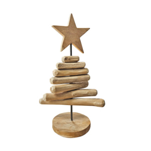 Sculpture petit sapin H. 35 cm en bois de teck brut et métal - AUDE