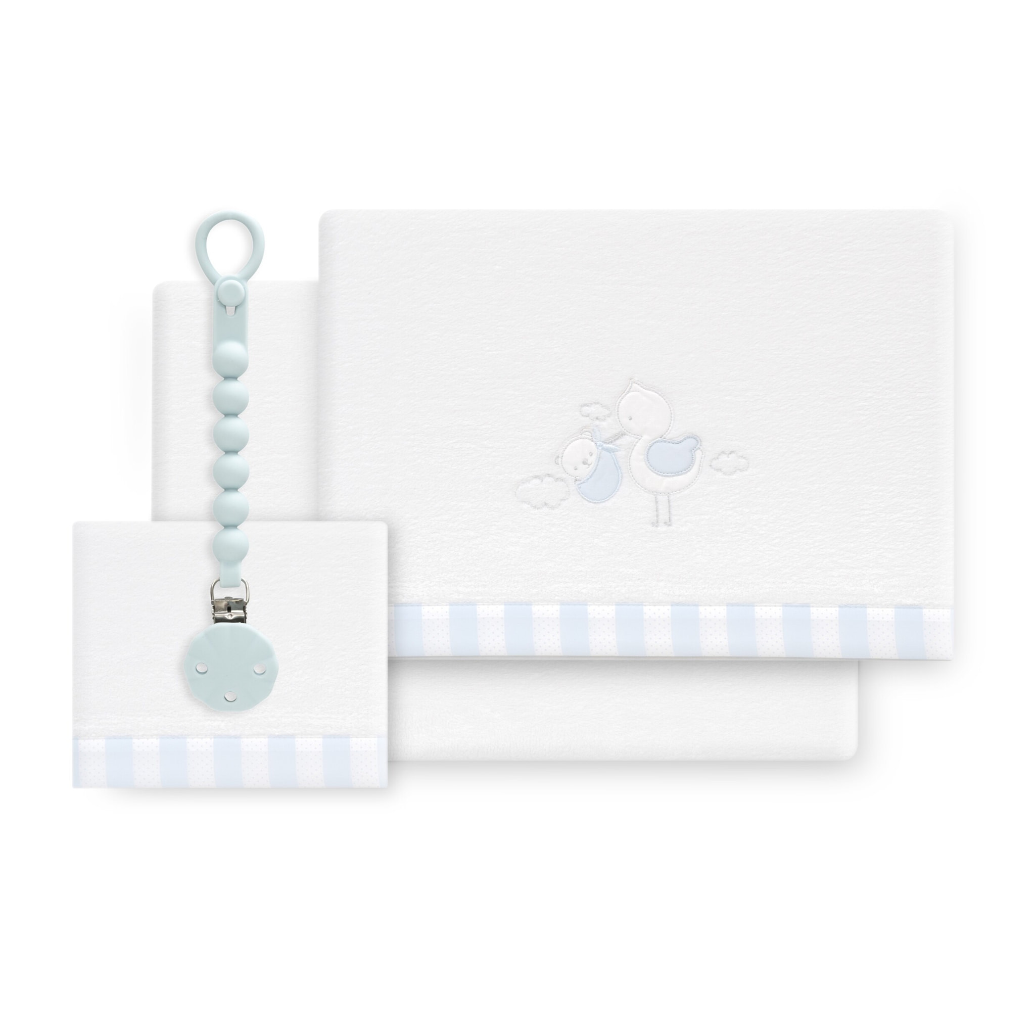 Triptico Cuna Coralina Cigueña Oso + Broche Bco/Azul