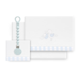 Triptico Cuna Coralina Cigueña Oso + Broche Bco/Azul
