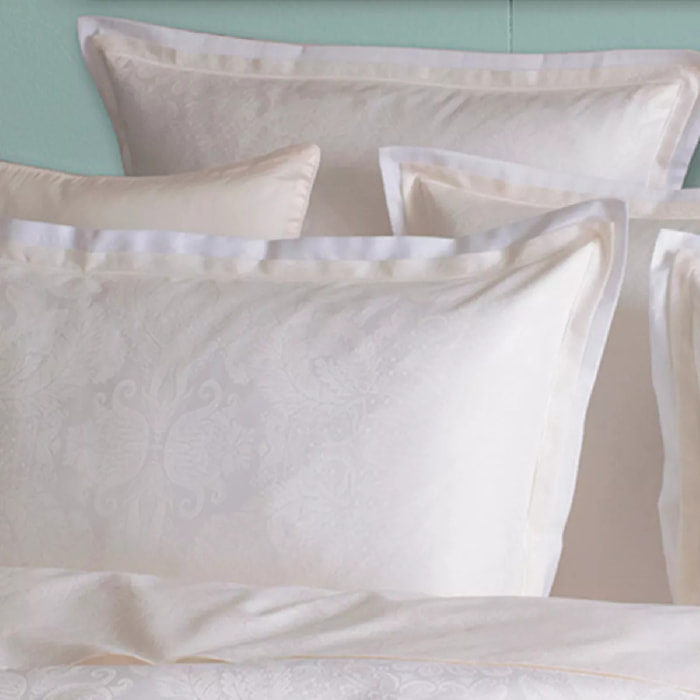 Taie d'oreiller satin de coton motif jacquard ivoire Isaphire diamant blanc