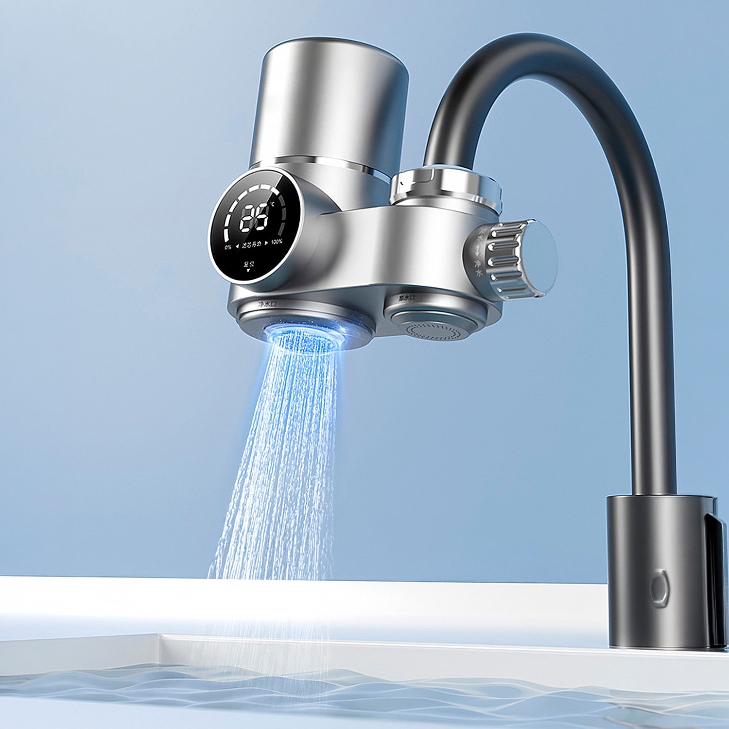 Purificador de agua 716 para grifo con pantalla inteligente, filtro antical y de cloro, sistema de filtración multicapa, doble salida y tecnología UV antibacteriana.