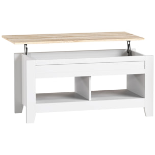 Table basse rectangulaire plateau relevable 2 niches et coffre panneaux particules blanc aspect bois clair