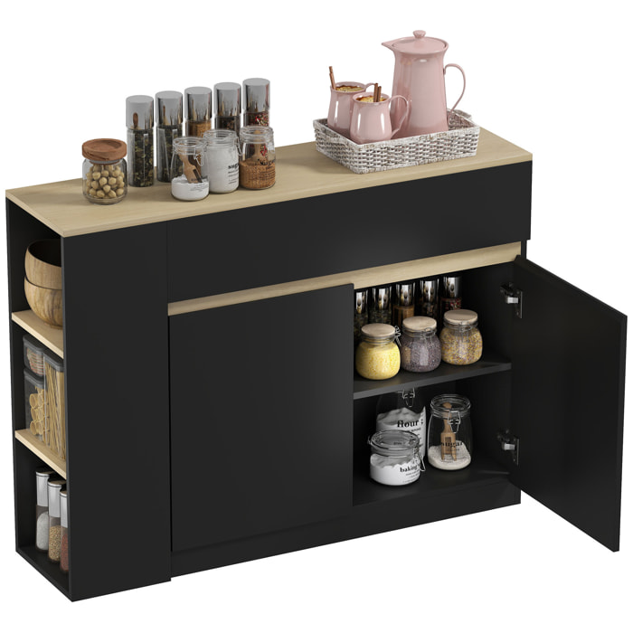 Aparador de Cocina, Armario de Cocina Estrech con 2 Cajones, 3 Estantes Abiertos, 2 Puertas, Estante Ajustable, Aparador Nórdico para Comedor, 110x29,5x82 cm, Negro