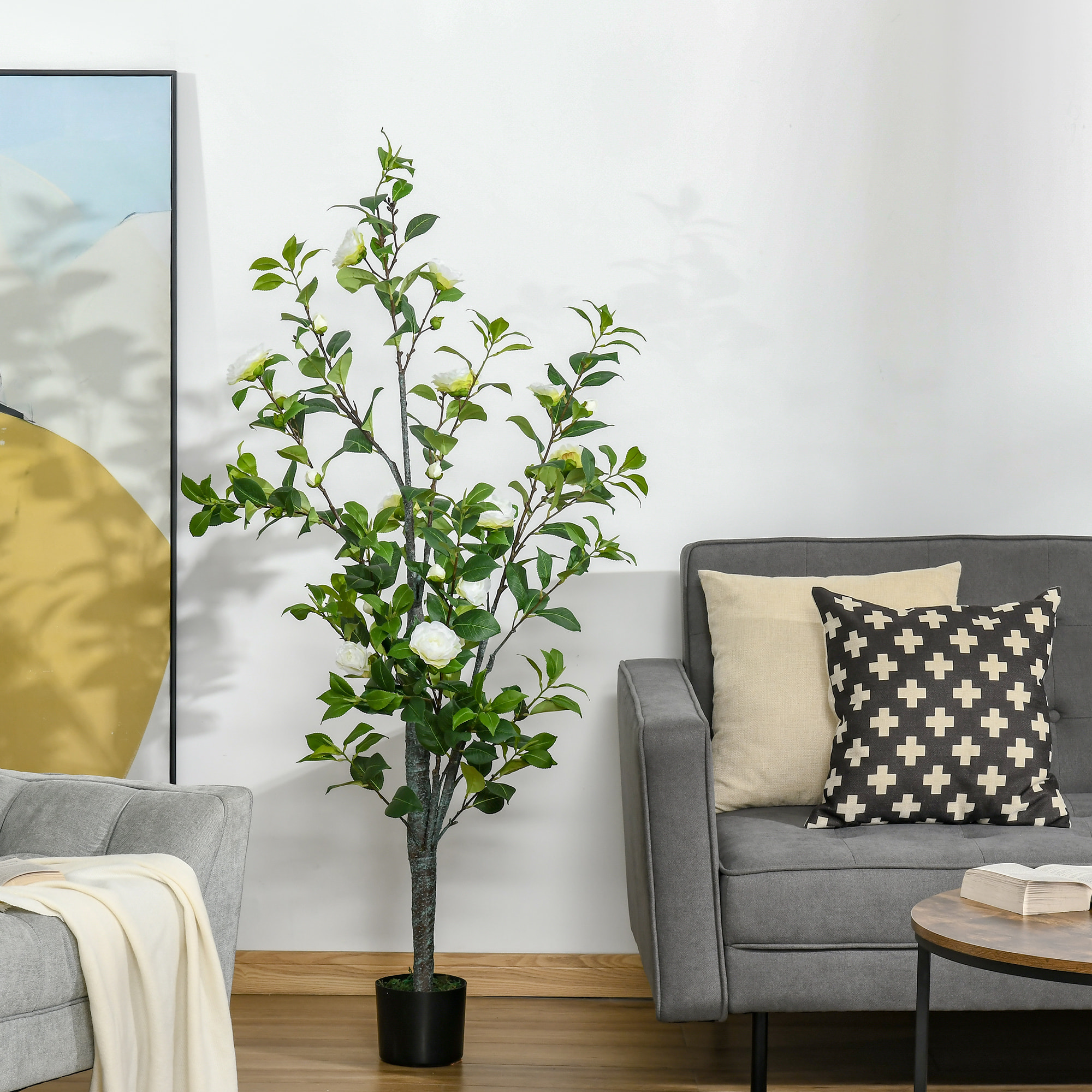 HOMCOM Árbol de Camelia Artificial 150 cm con Maceta de Cemento 285 Hojas Realistas y 25 Flores de Tela Planta Sintética Decoración para Hogar Oficina y Exterior Verde