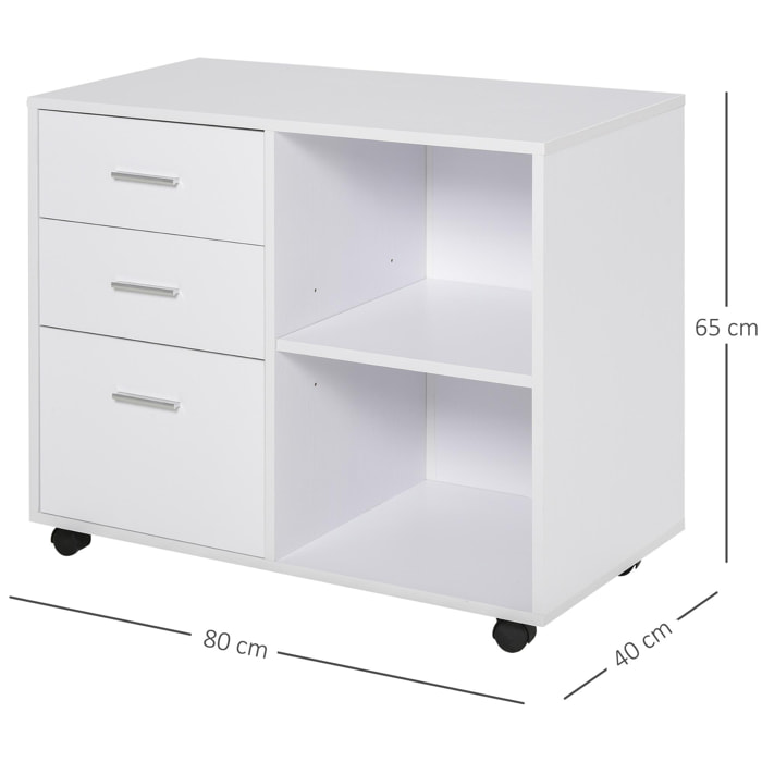 HOMCOM Support d'imprimante organiseur bureau caisson 3 tiroirs + 2 niches + grand plateau panneaux particules blanc