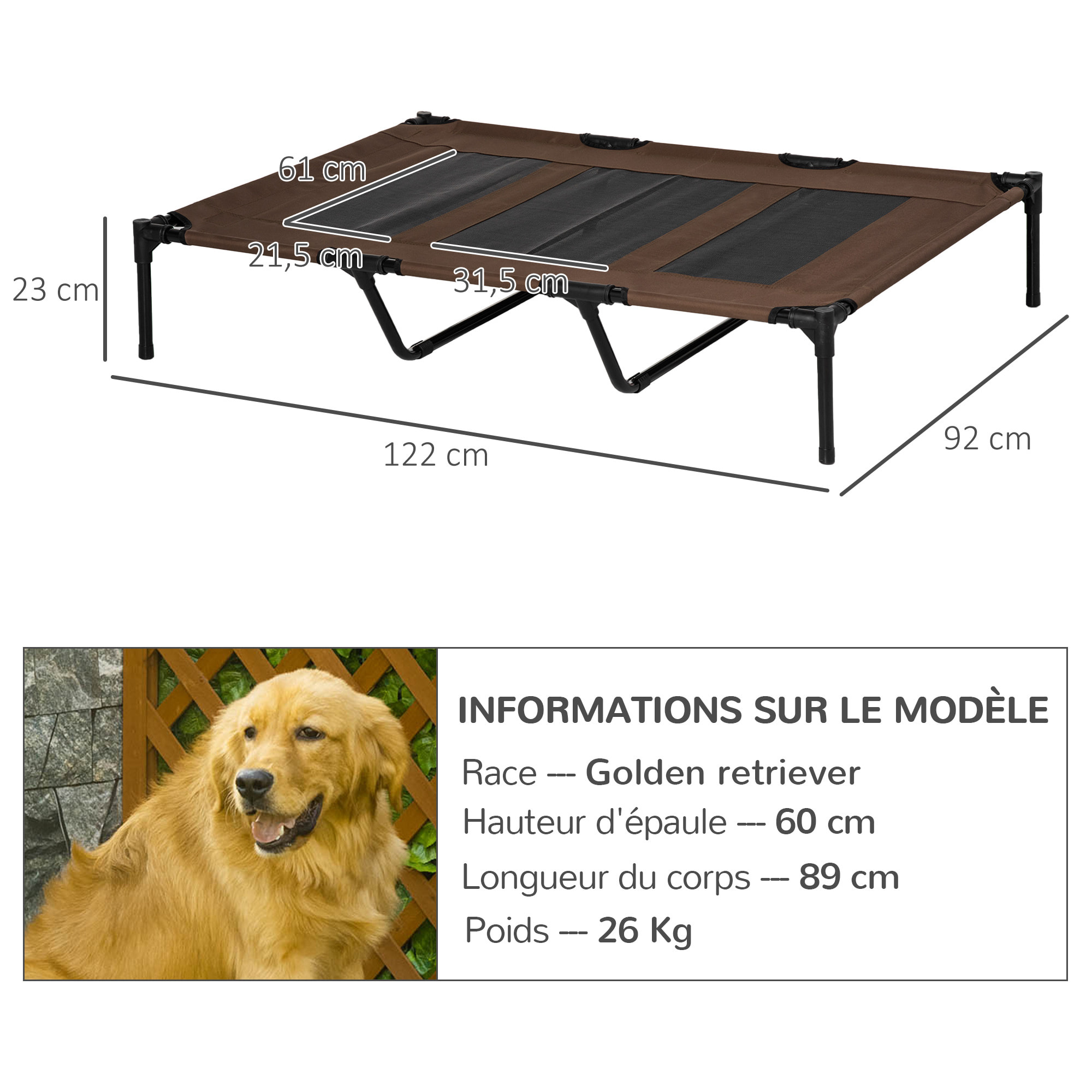 Lit sur pieds XXL pour chien chat lit de camp animal lit surélevé Oxford textilène micro-perforé dim. 122L x 92l x 23H cm marron clair