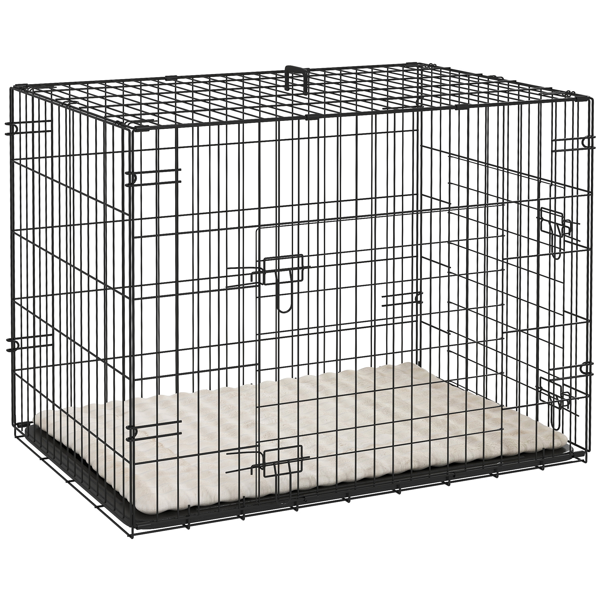 Jaula para Perros Plegable, Jaula para Perros Pequeños con Cojín, 2 Puertas, Bandeja Extraíble y Marco de Alambre Metálico, 75x48,5x53 cm, Negro y Beige