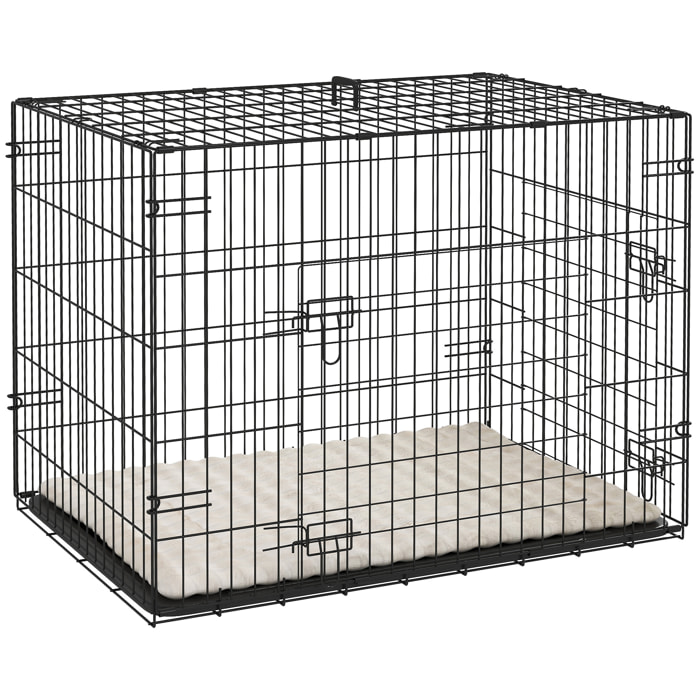 Jaula para Perros Plegable, Jaula para Perros Pequeños con Cojín, 2 Puertas, Bandeja Extraíble y Marco de Alambre Metálico, 75x48,5x53 cm, Negro y Beige