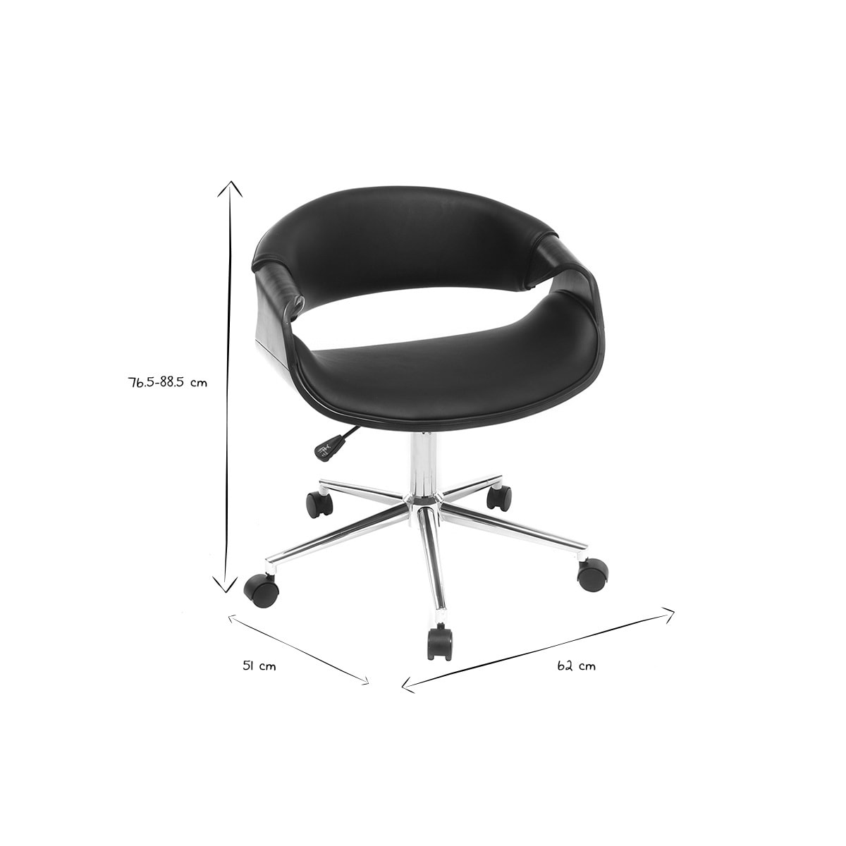 Chaise de bureau à roulettes design noir, bois foncé noyer et acier chromé ARAMIS