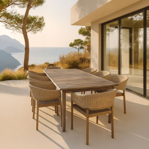 Ensemble table et 8 fauteuils de jardin en bois d'acacia et osier brun ALHAMBRA