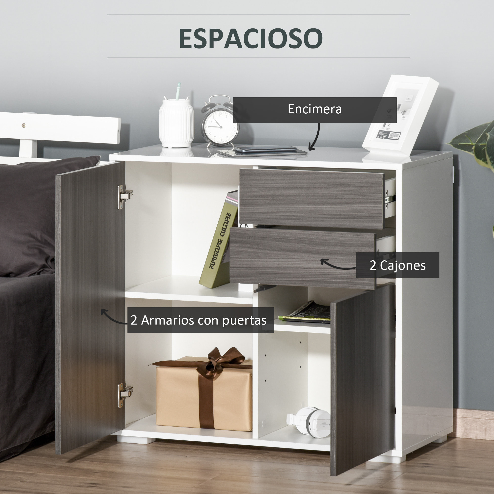 Aparador para Cocina con 2 Puertas 2 Cajones Marco de Blanco Brillante Estante Ajustable Apertura a Presión Armario de Almacenamiento para Dormitorio Salón 79x36x74 cm Gris