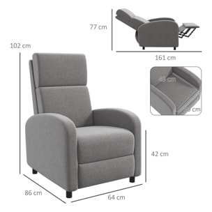 Sillón Relax Reclinable hasta 160° Sofá Reclinable Manual con Reposapiés Carga 120 kg para Salón Dormitorio Poliéster 64x86x102 cm Gris