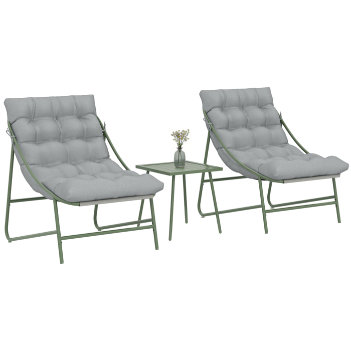 Conjunto de Mesa y Sillas de Terraza Exterior de 3 Piezas, Muebles de Jardín Exterior con Cojines, 2 Sillas Lounge, Mesa de Café y Estructura de Acero, para Patio, Gris Claro
