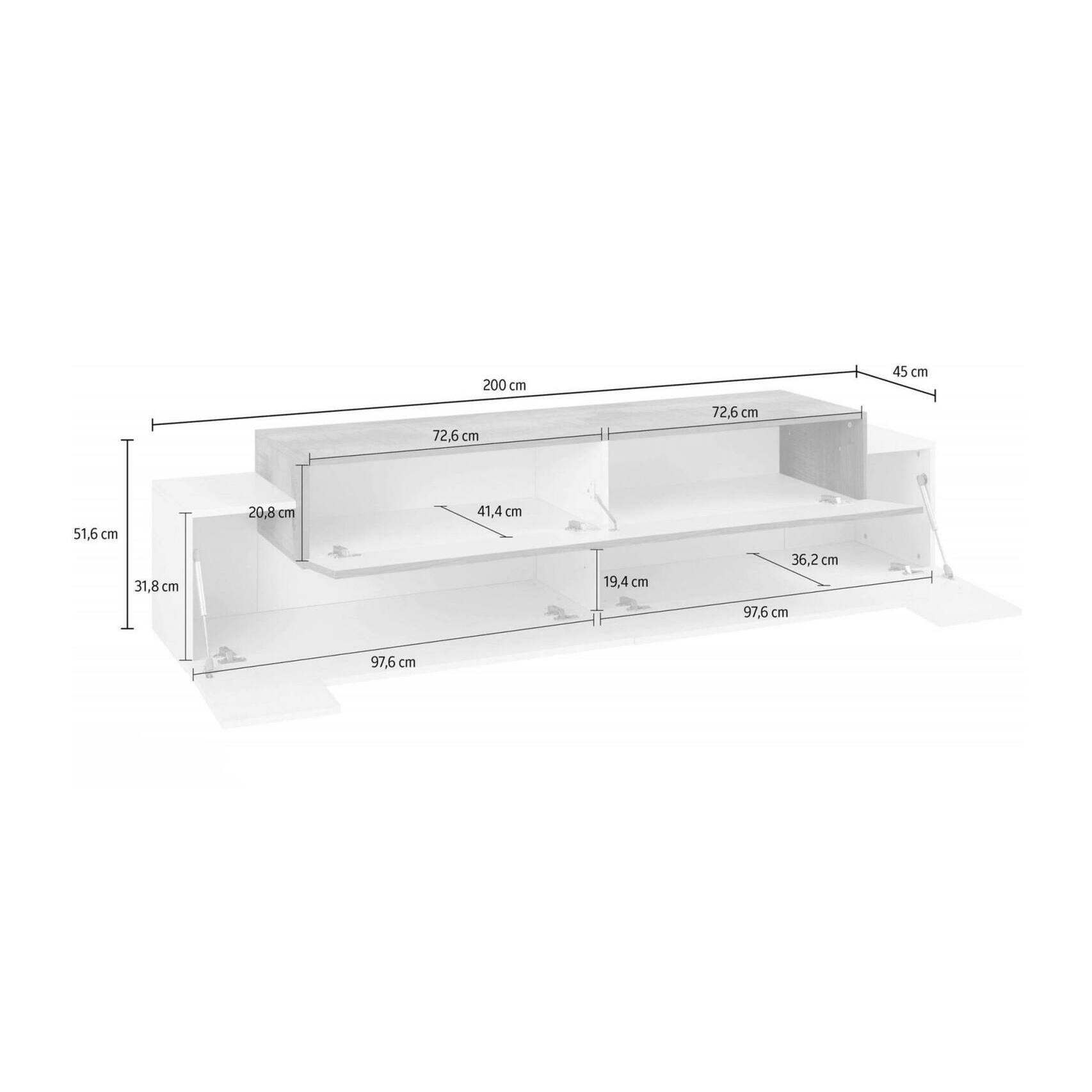 Mobile da soggiorno Porta TV, Made in Italy, Supporto per TV da salotto a 3 ante e ripiani, cm 200x45h52, colore Bianco lucido e Grigio Cenere