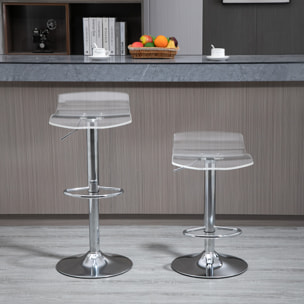 Lot de 2 tabourets de bar design contemporain assise acrylique et piètement métal - pivotant 360° - hauteur réglable avec repose-pieds - transparent