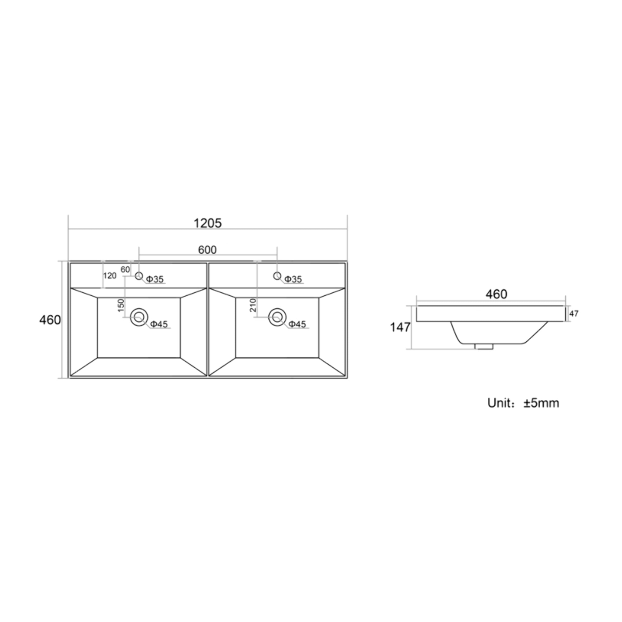 B-Way 121x46 cm double vasque semi-encastrée en céramique, pour meuble de salle de bain SATEVO120NA, blanc (SATBW212046)