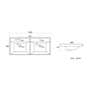 B-Way 121x46 cm double vasque semi-encastrée en céramique, pour meuble de salle de bain SATEVO120NA, blanc (SATBW212046)