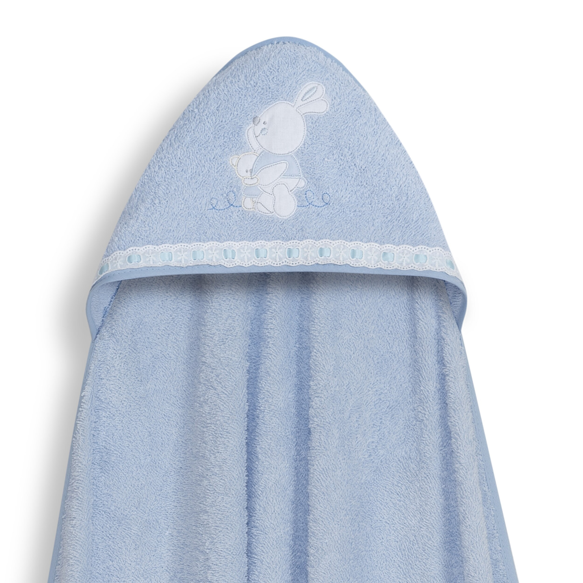 Capa Baño 1X1 Mod Conejitos Abrazos Pasacinta + Gorro Azul