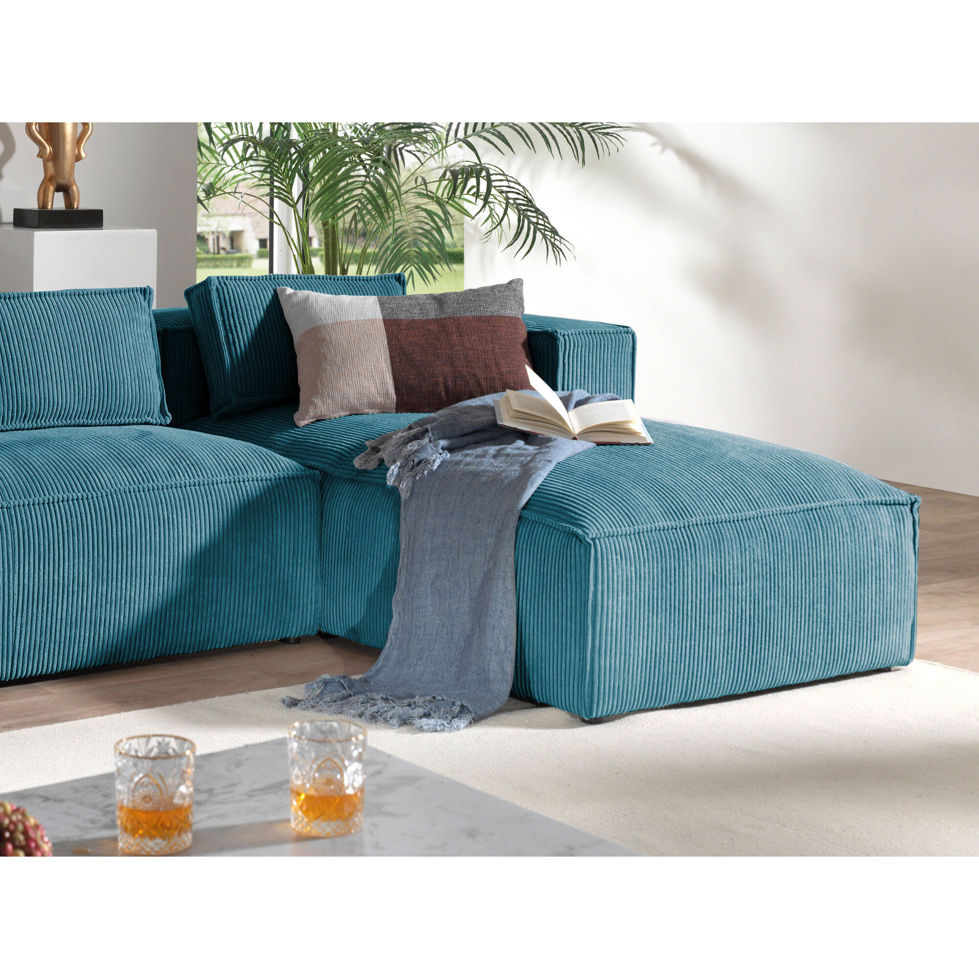 Stella - canapé d'angle droit en velours côtelé - 4 places -style contemporain - Bleu canard