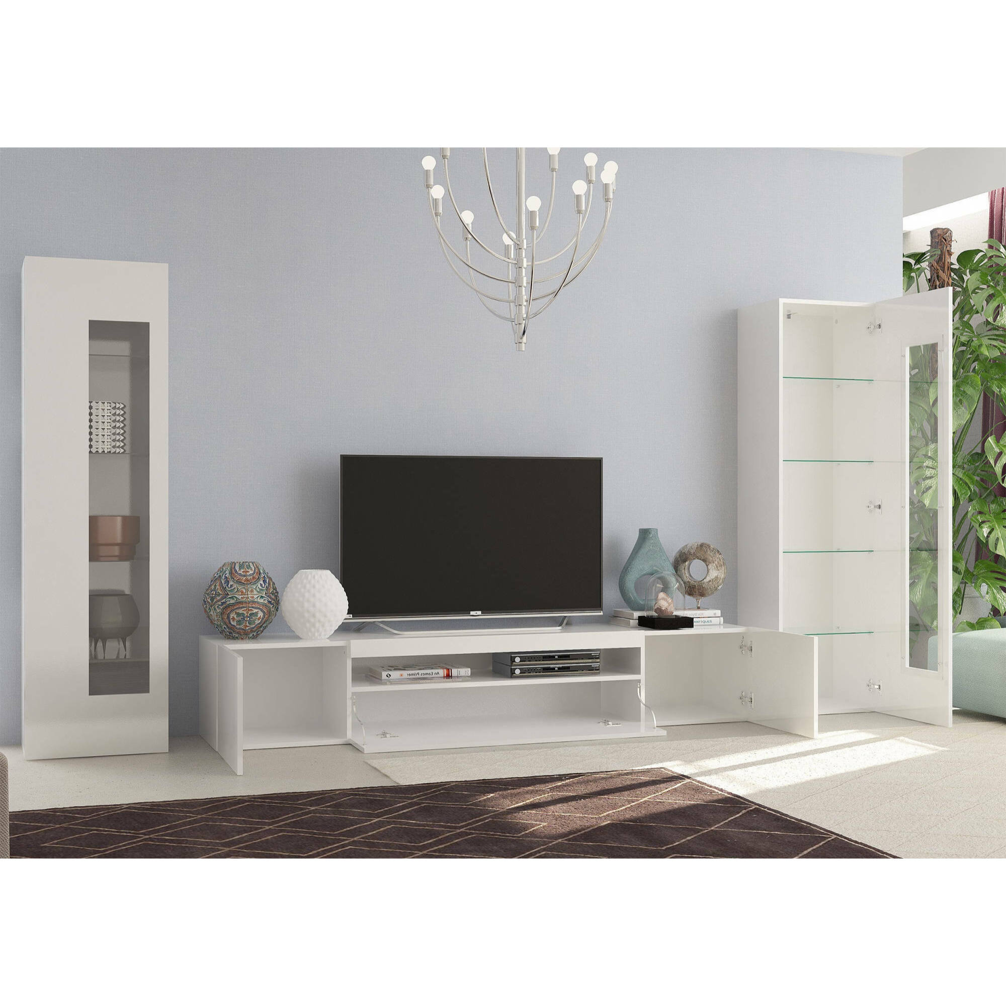 Parete attrezzata da soggiorno modulare, Made in Italy, Base porta TV e pensili, Set salotto moderno, cm 300x40h162, colore Bianco lucido, con luce LED blu