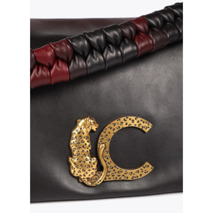 Borsa a tracolla con patta e manico annodato. Logo LC leopardo