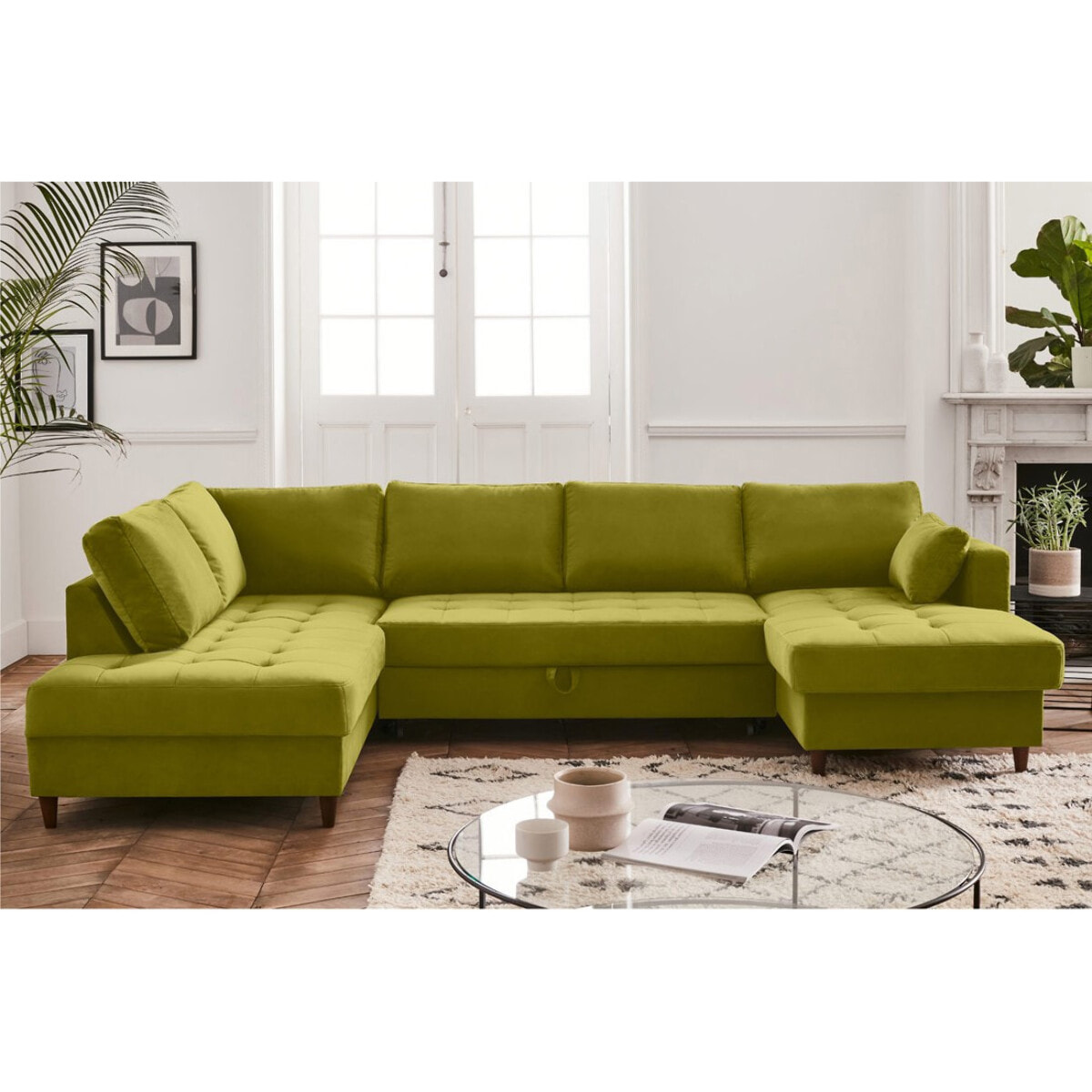 Anna - canapé panoramique d'angle gauche - 7 places - convertible avec coffre - en velours - Vert Olive