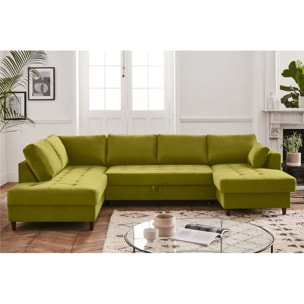 Anna - canapé panoramique d'angle gauche - 7 places - convertible avec coffre - en velours - Vert Olive