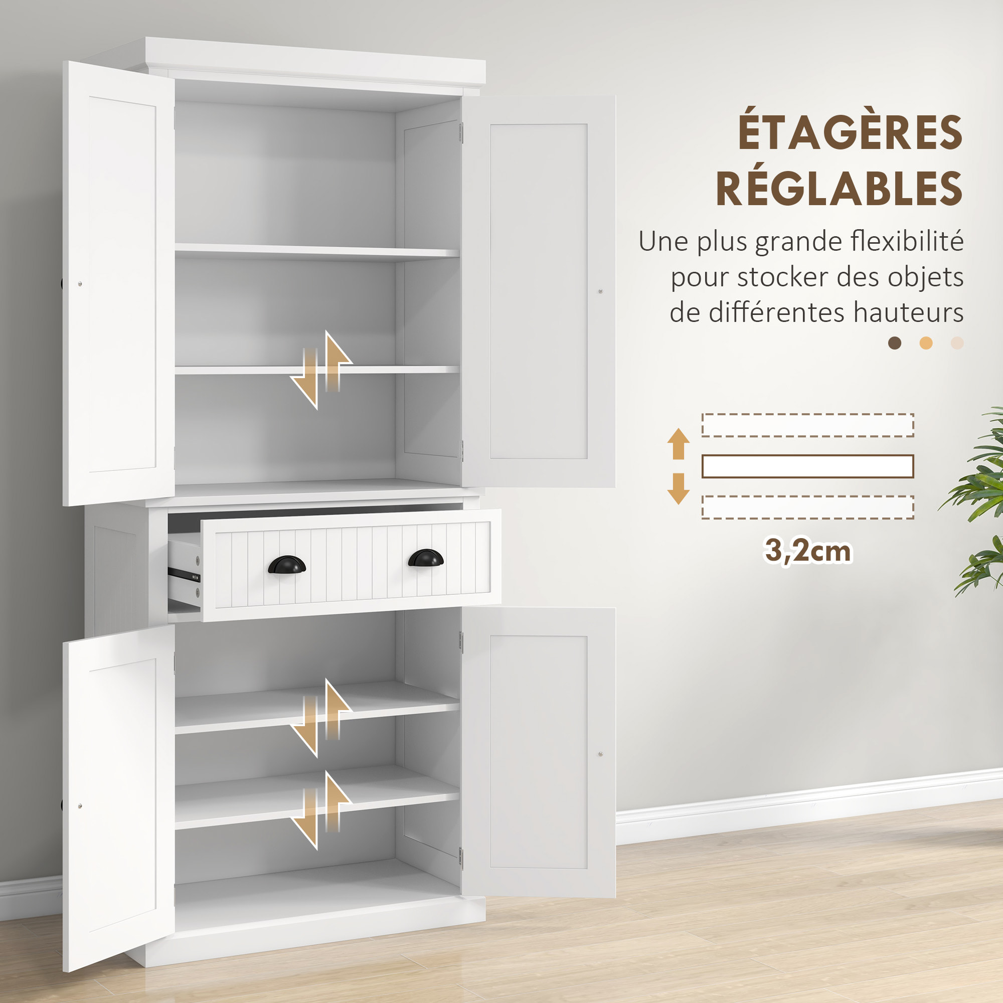 Buffet haut multi-rangement - 4 portes, grand tiroir - dim. 76L x 40l x 183H cm - blanc effet bois clair