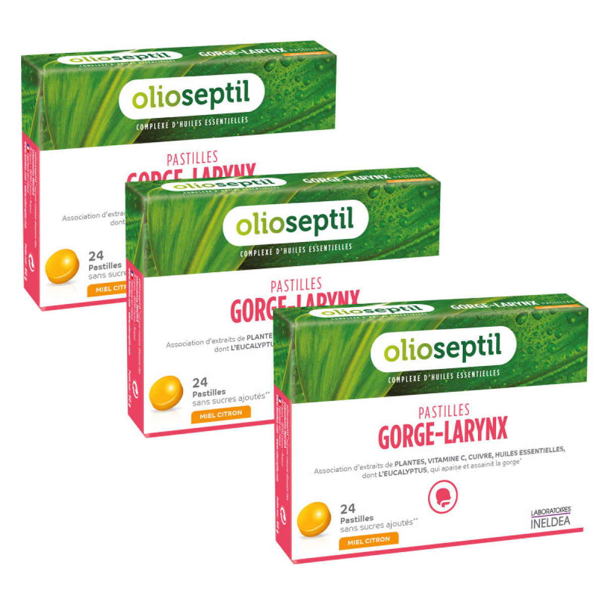 OLIOSEPTIL - Pastilles à Sucer Gorge-Larynx - Sans Sucres Ajoutés - Extraits de Plantes, Vitamine C, Cuivre et Huiles Essentielles - Apaise et Assainit la Gorge - Goût Miel Citron - Lot de 3