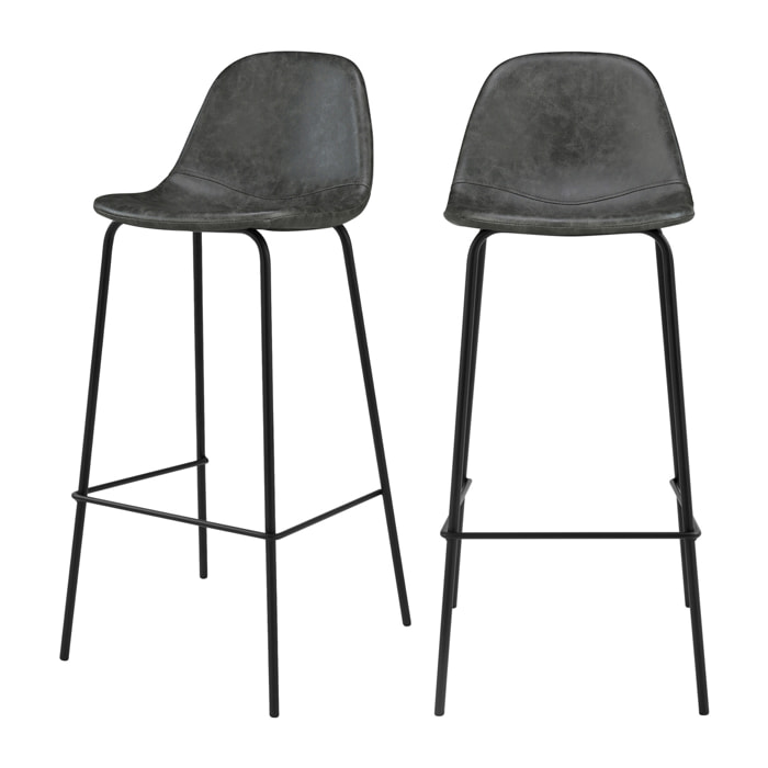 Lot de 2 chaises de bar 75 cm en cuir synthétique gris/noir - Henrik
