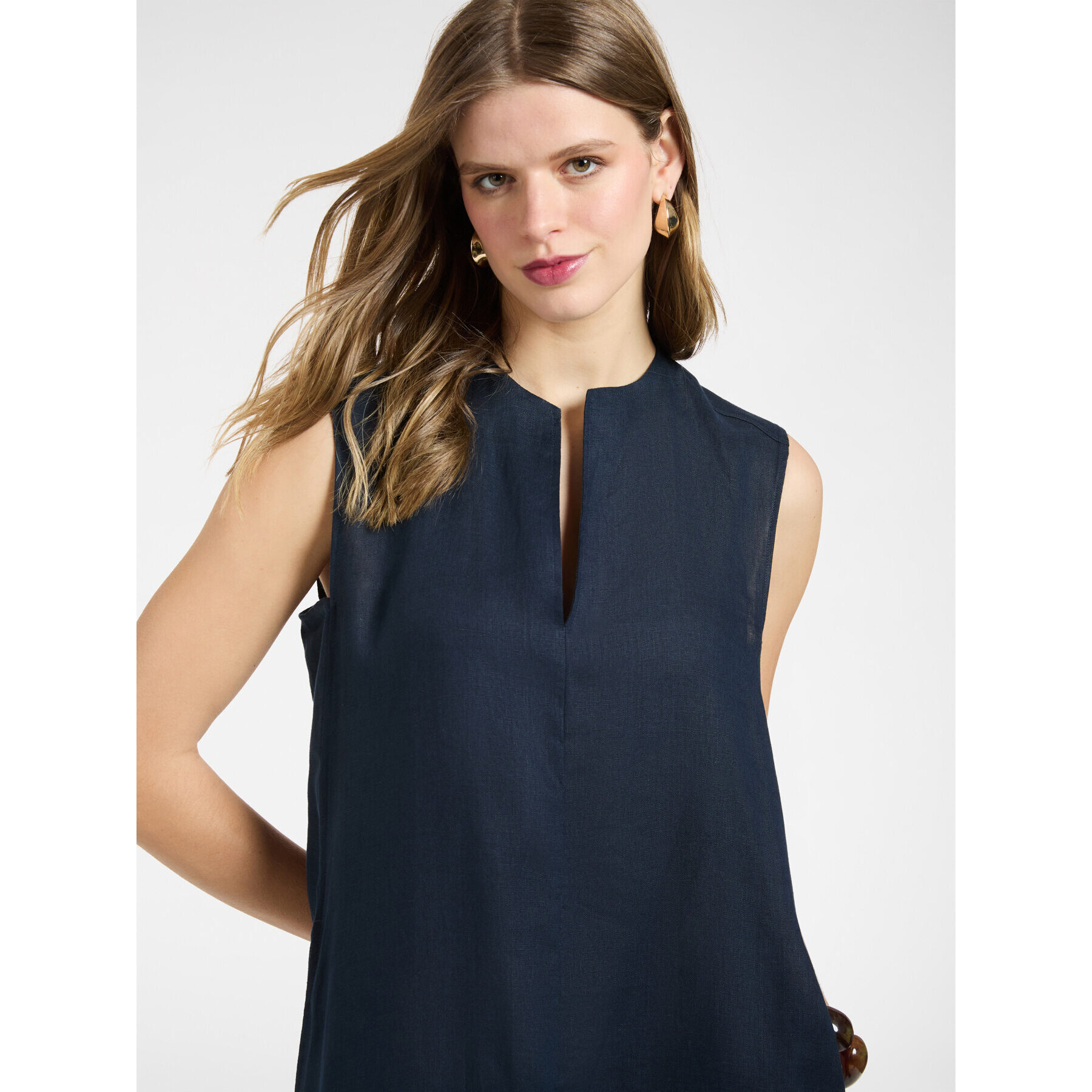 Elena Mirò - Vestido largo de lino con escote en V - Azul