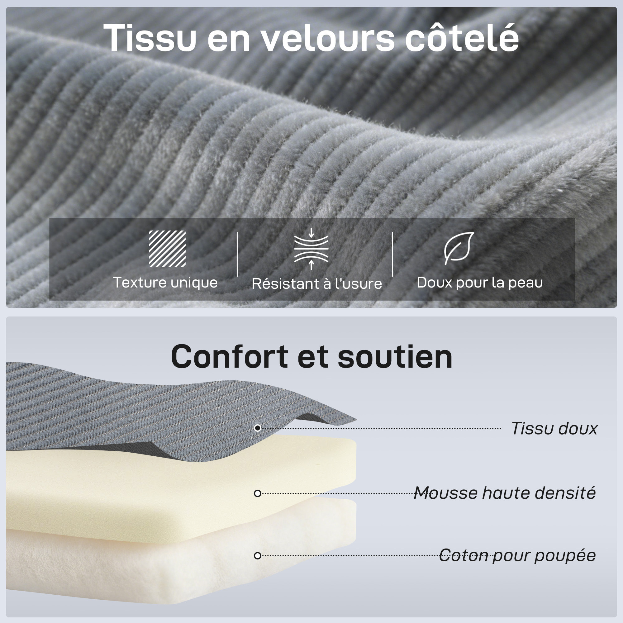 Chauffeuse 1 place convertible dossier réglable velours côtelé gris