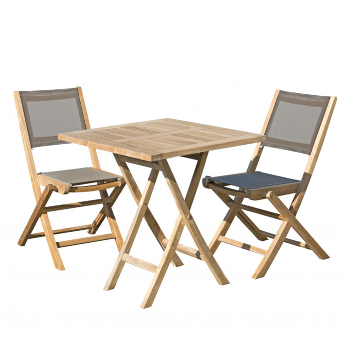 HARRIS - SALON DE JARDIN EN BOIS TECK 2 pers - Ensemble de jardin - 1 Table carrée pliante 70 cm et 2 chaises textilène taupe