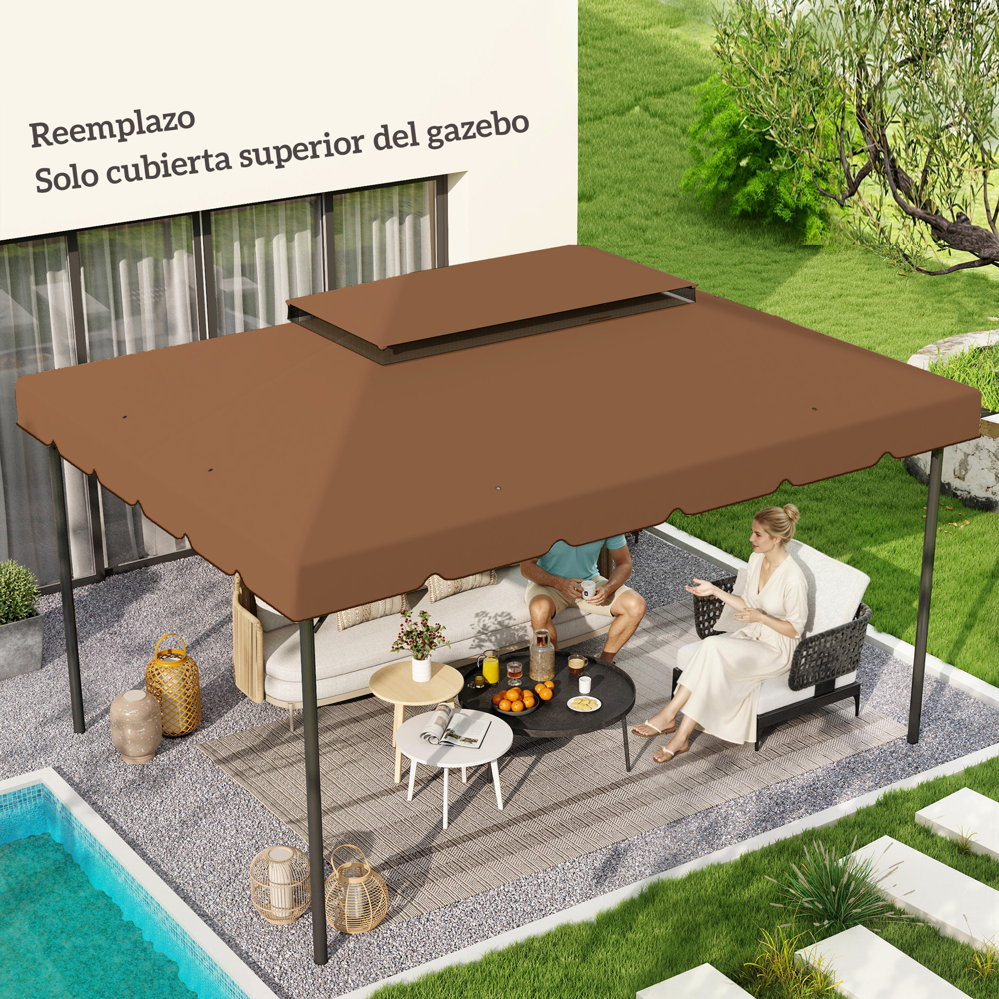 Techo de Repuesto para Cenador, 4x3 m, Cubierta de Repuesto con Doble Techo, 8 Orificios de Drenaje, SOLO Toldo de Recambio para Pabellón Gazebo, Café