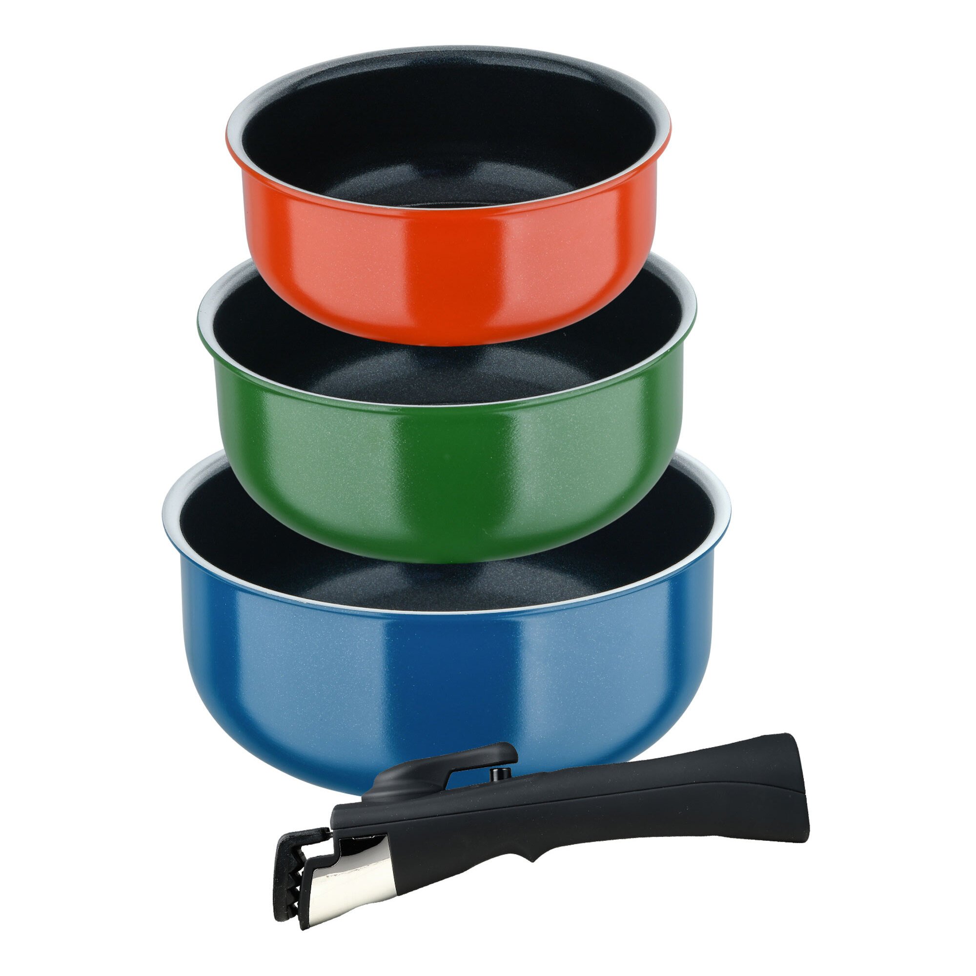 juego de 3 cazos ø16ø18ø20cm aluminio prensado en 3 colores + mango extraíble