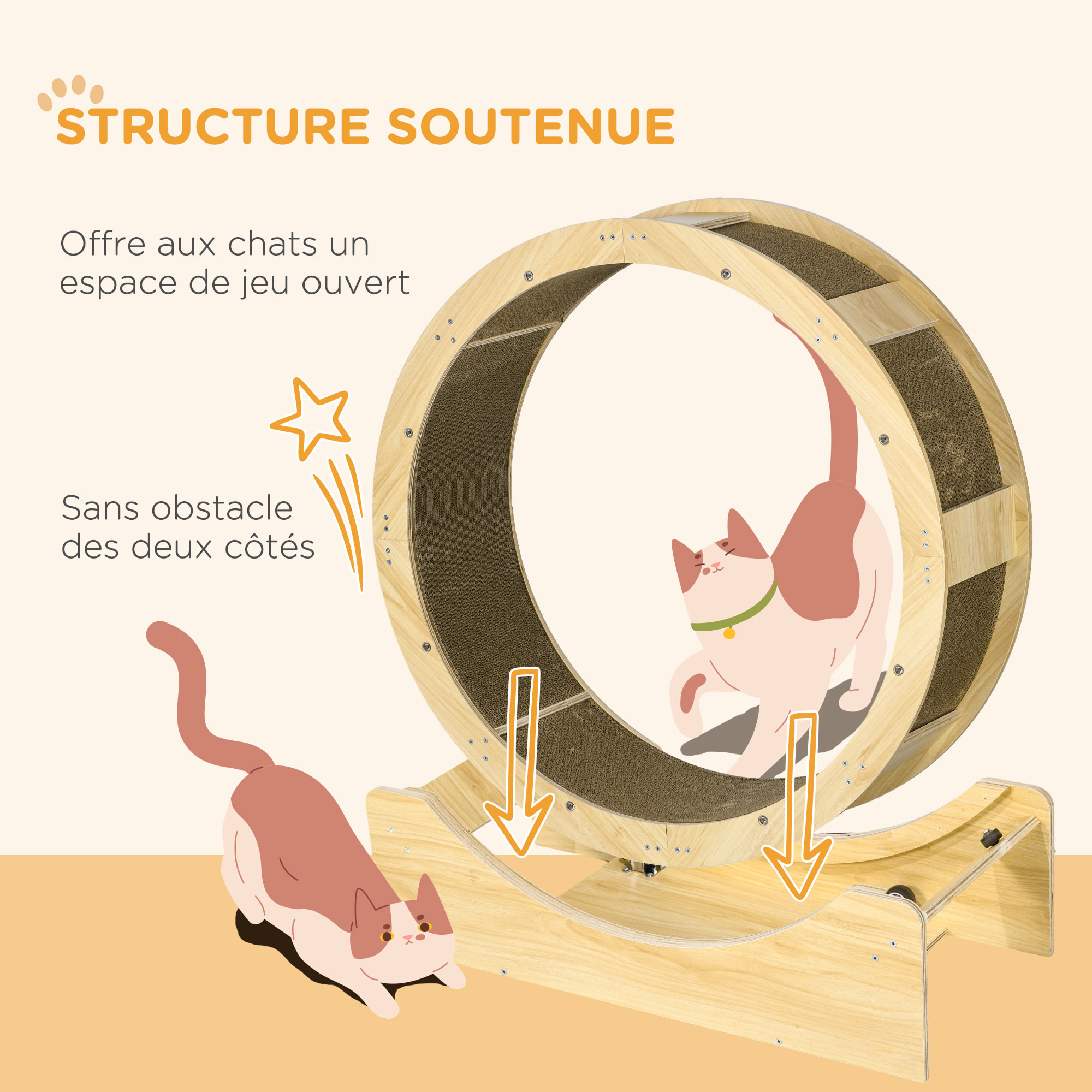 Roue d'exercice pour chat - frein, grattoirs - dim. 91L x 33,5P x 94H cm - aspect bois naturel