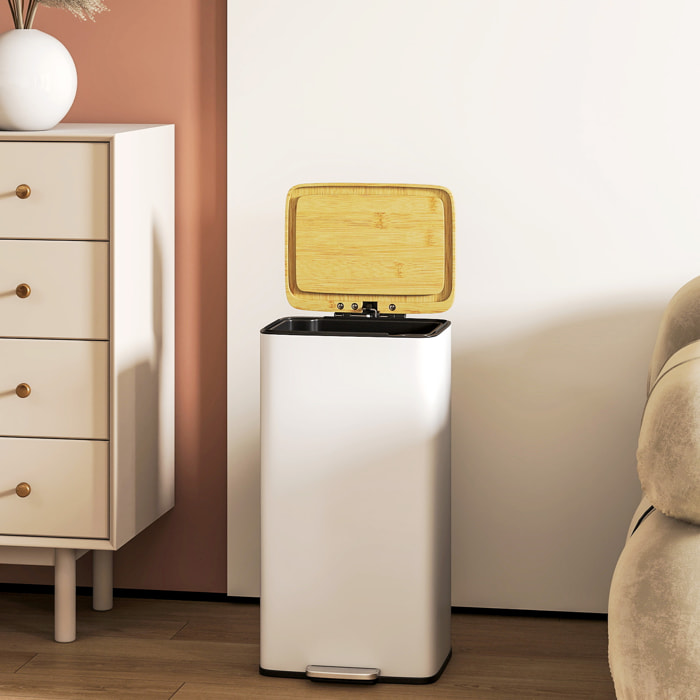 Cubo de Basura Cocina con Pedal, 20L, Tapa de Bambú de Cierre Suave, Papelera de Cocina con Cubo Interior Extraíble, Anti-Huellas, para Dormitorio, Salón, 29,5x29,5x56,8 cm, Blanco y Natural