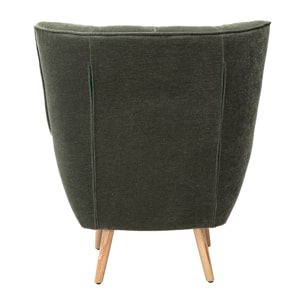 Fauteuil scandinave en tissu effet velours vert kaki et bois clair AVERY