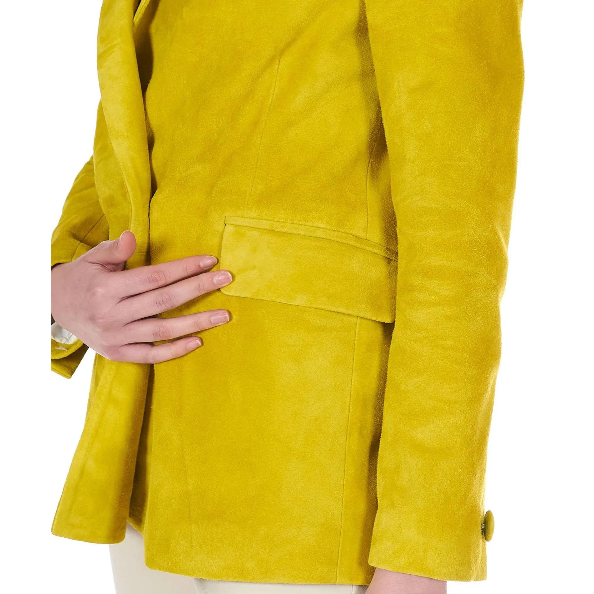 Blazer doppiopetto in pelle camoscio giallo chiusura bottone