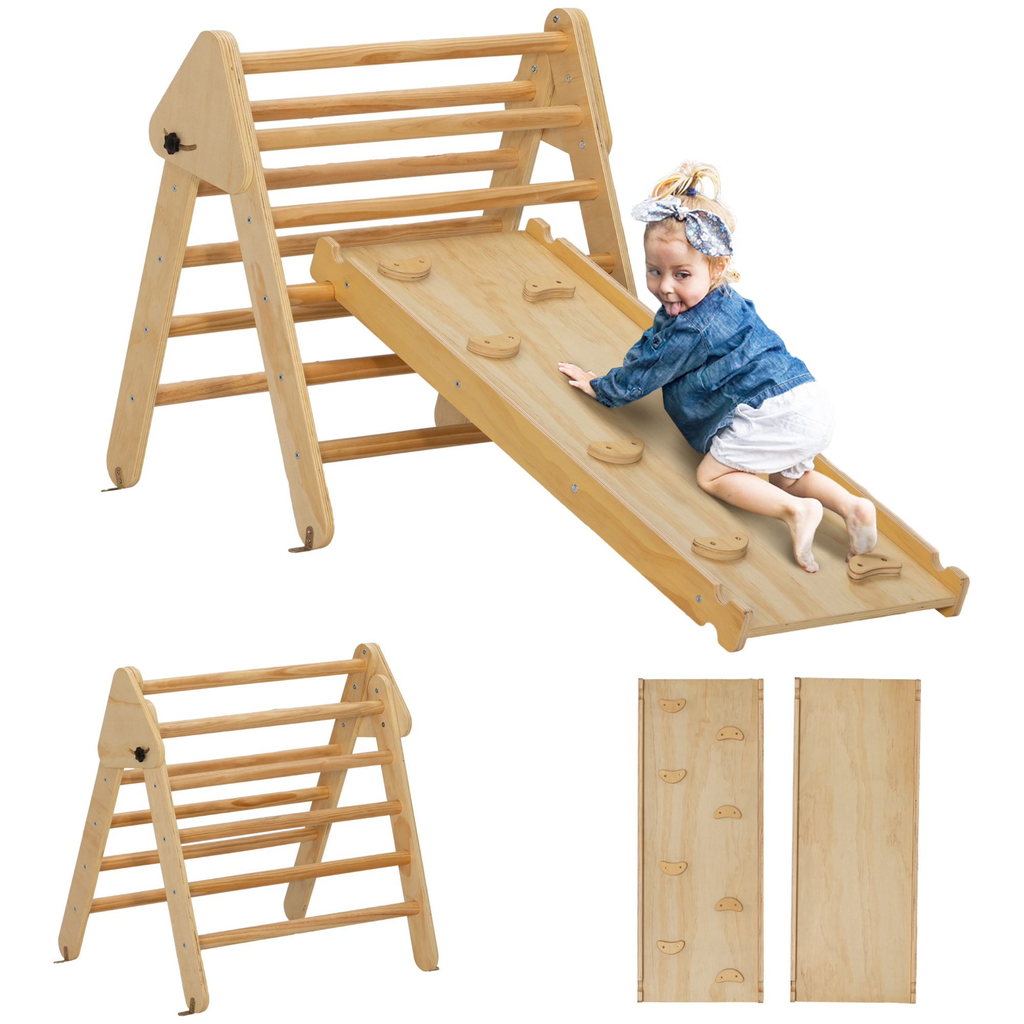 Ensemble d'escalade en bois 3 en 1 - triangle Pikler, toboggan, rampe - panneaux bois pin