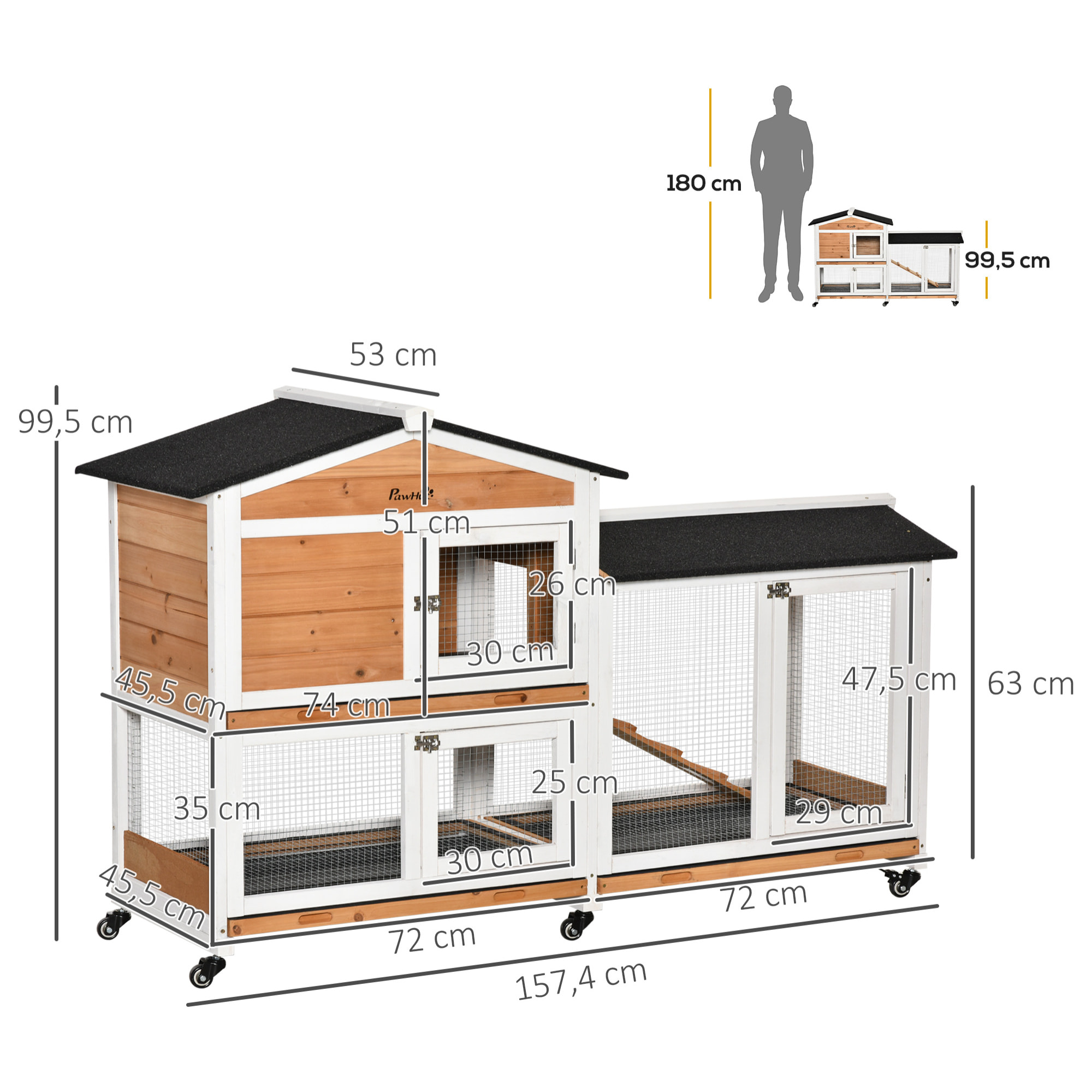 Conejera de Madera 157,4x53x99,5 cm Jaula para Conejos Grande con Ruedas Techo Asfáltico Bandeja Extraíble y Rampa para Exterior Natural