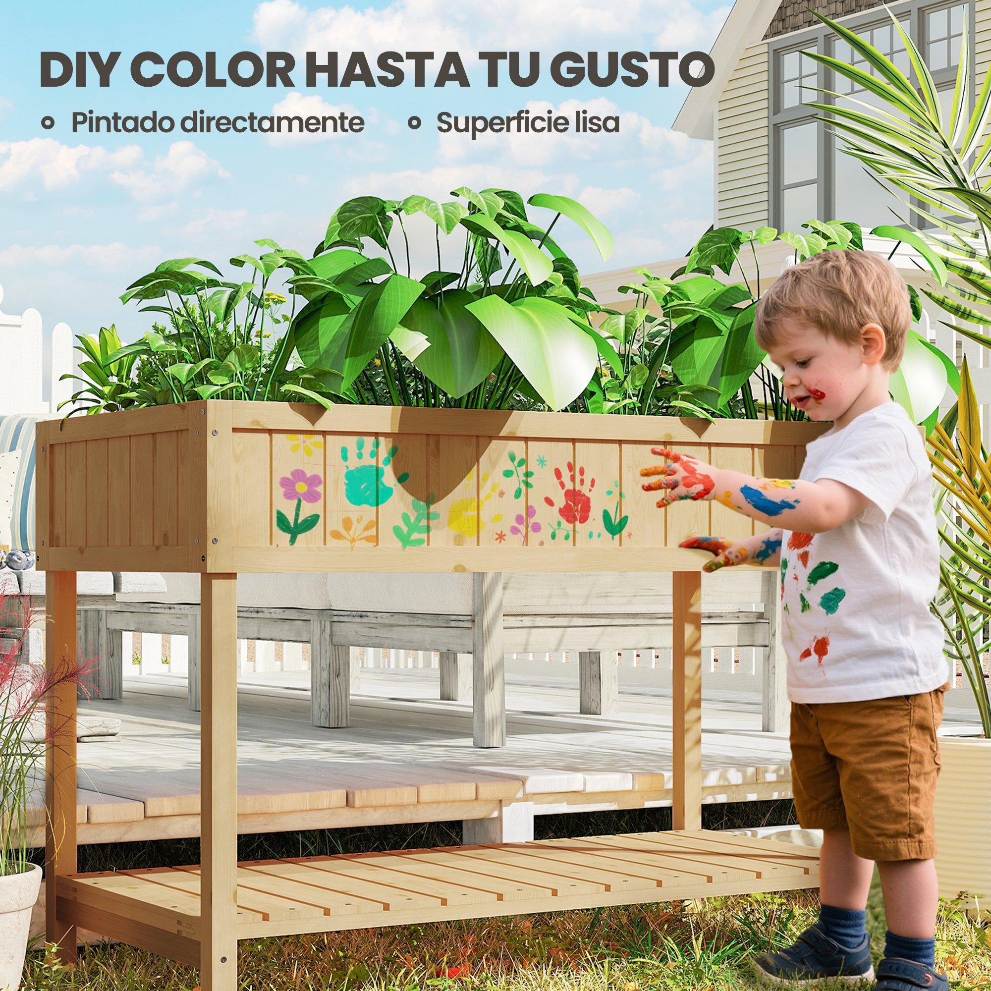 Huerto Urbano de Madera, Mesa de Cultivo con Estante Inferior, Jardinera Elevada para Cultivo, Plantas, Flores y Verduras, 110x46x76 cm, Natural